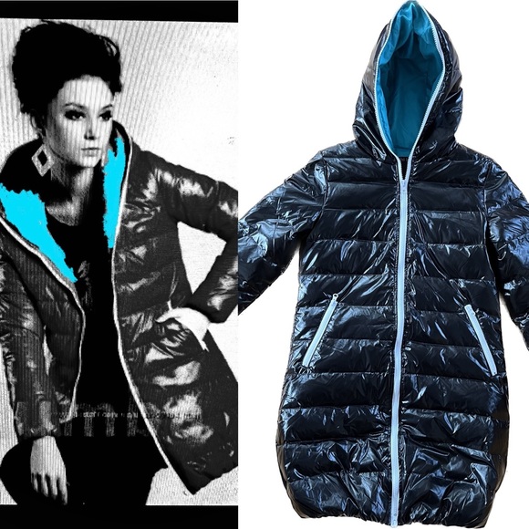 oshi Liey Jackets & Blazers - Shiny Long Black Puffer Coat | Turquoise/Tiffany Blue Interior |Women's XS (0/2)